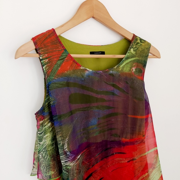 Floryday Multicolour Peacock Chiffon Layered Midi Hanky Hem Dress Size Small - Picture 2 of 6